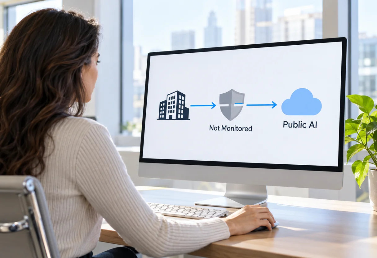 Employee at a desktop monitor showing a diagram of data flowing from a company unmonitored past a firewall icon to a public AI cloud