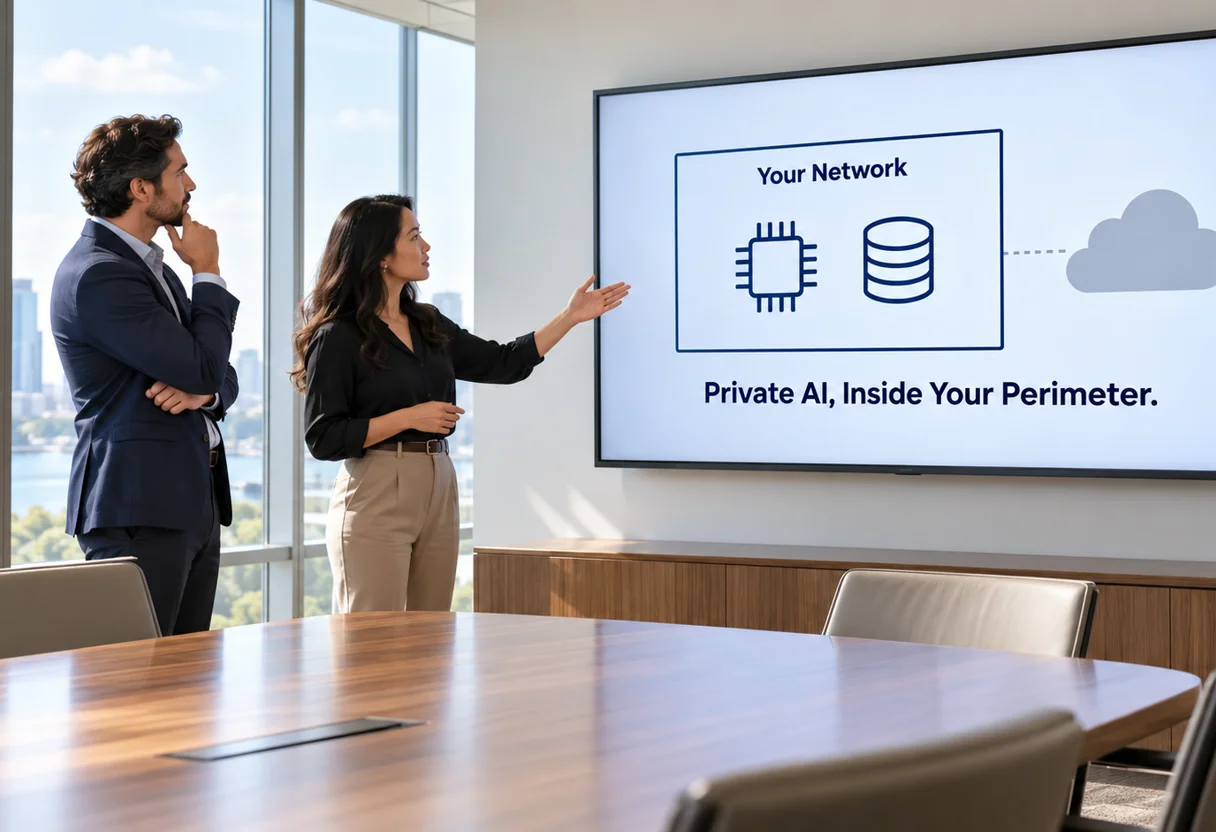 Two colleagues reviewing a wall screen diagram showing a private AI boundary labeled Your Network, kept inside the perimeter