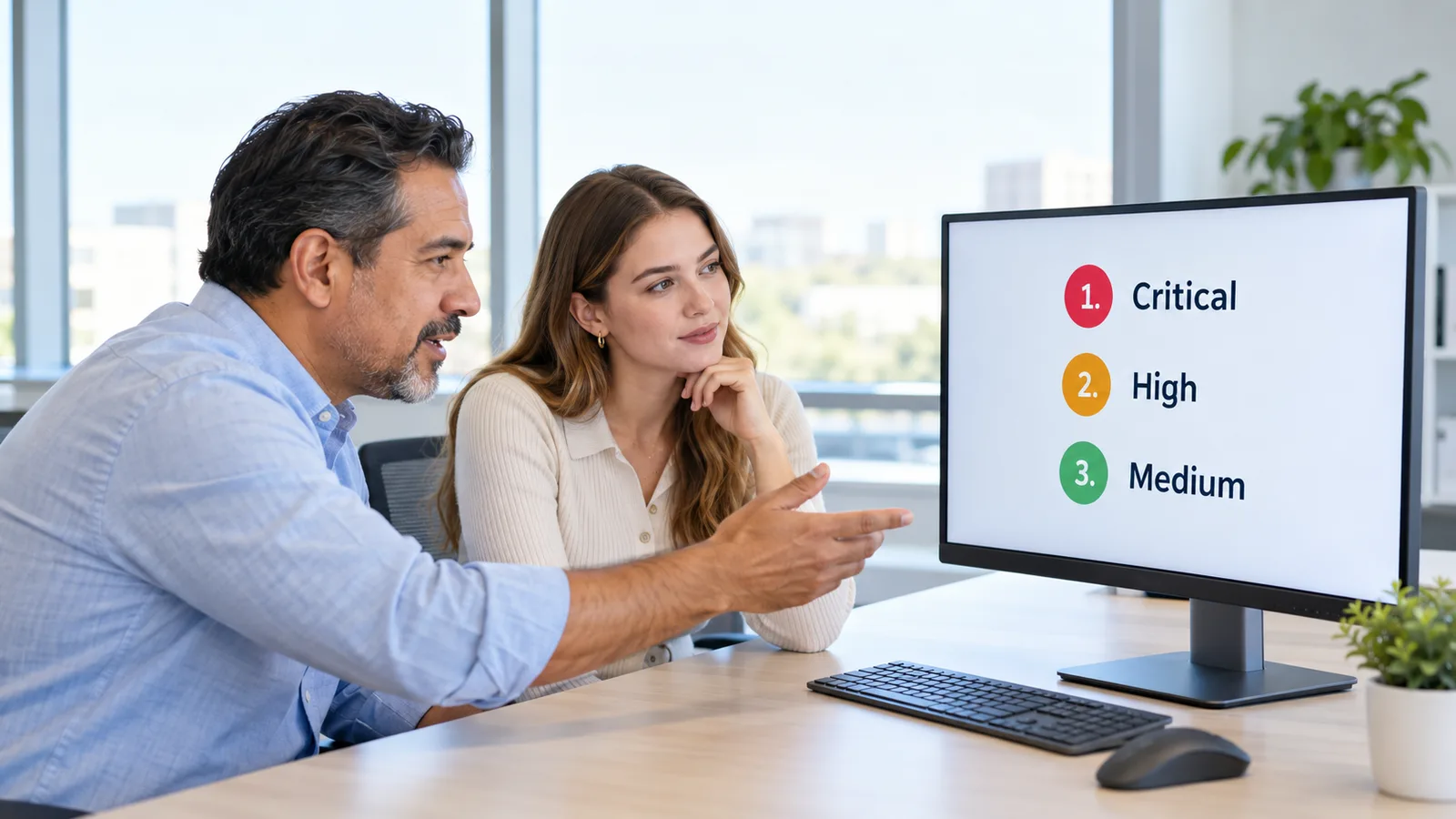 Two analysts discussing a risk-ranked findings list labeled Critical, High and Medium