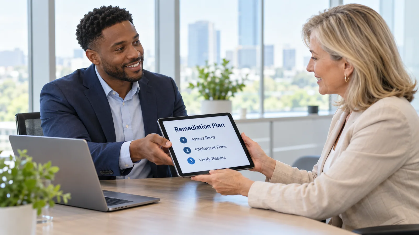 Consultant handing a business owner a tablet showing a remediation plan with three short steps