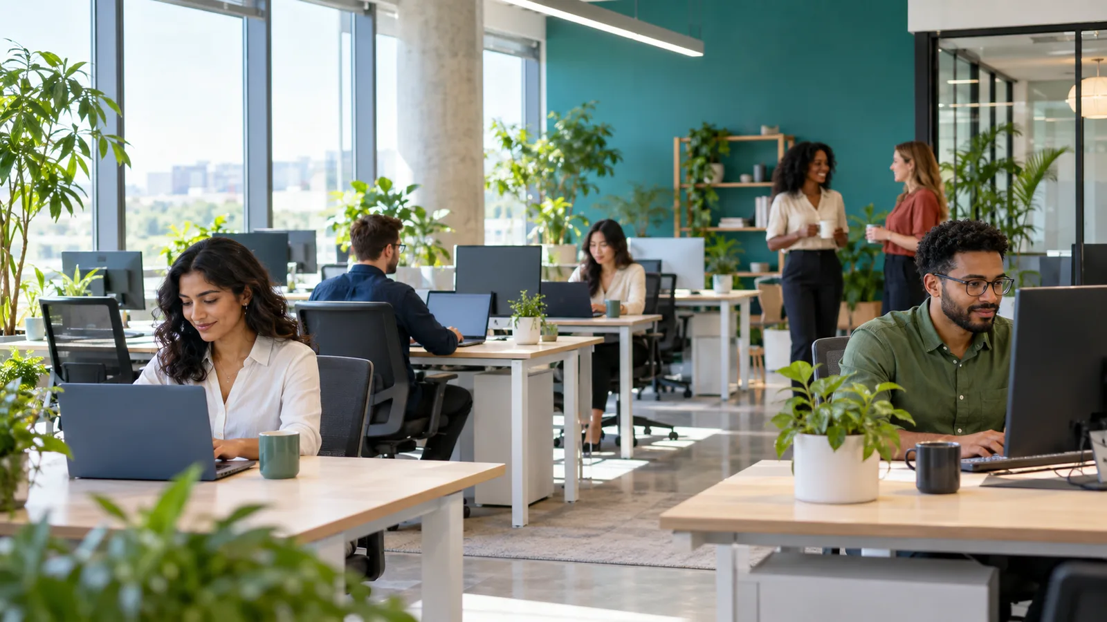 Open-plan office with a teal accent wall and employees working calmly at their desks