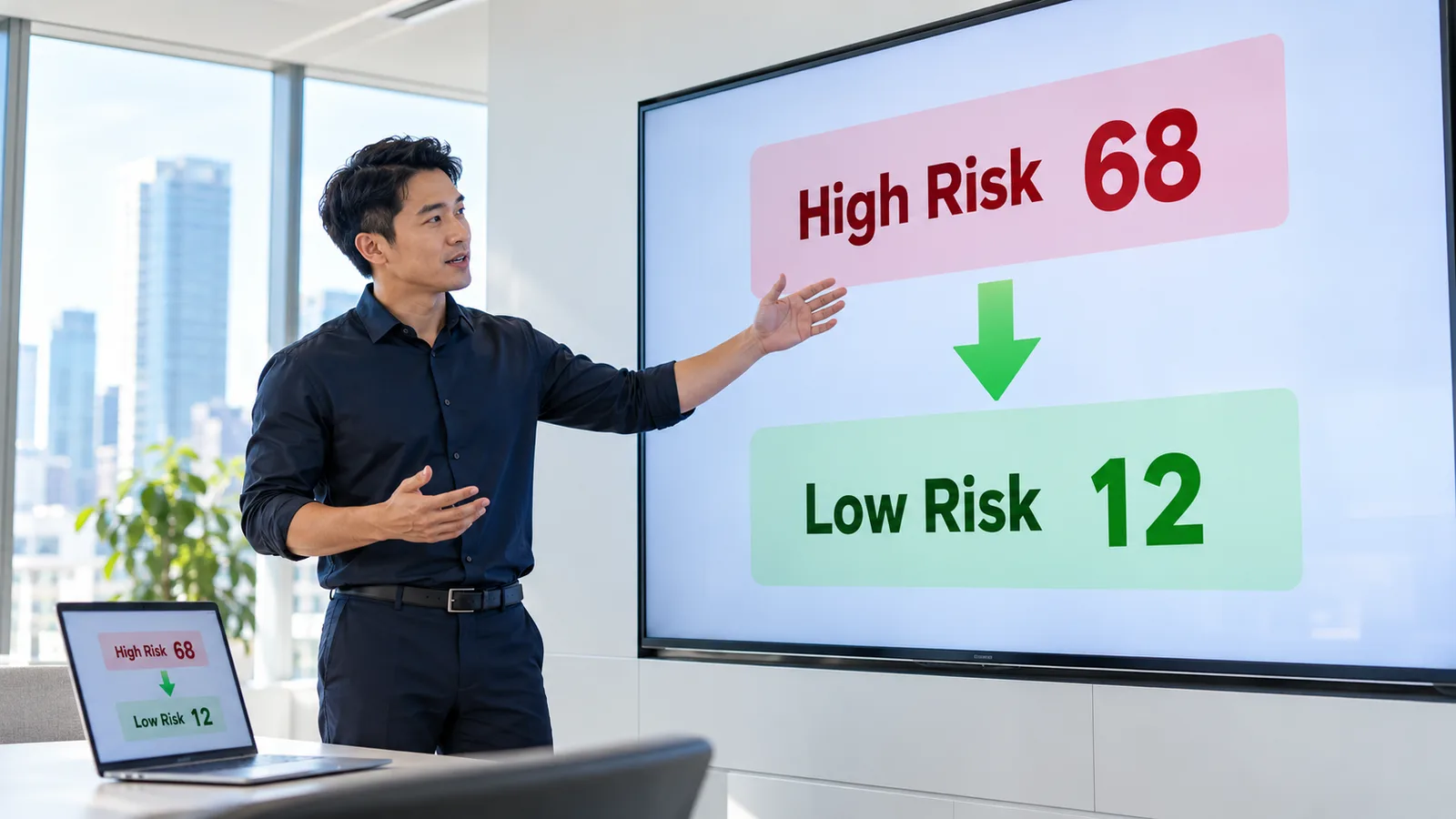 Security engineer at a wall display showing a risk score dropping from high risk 68 to low risk 12