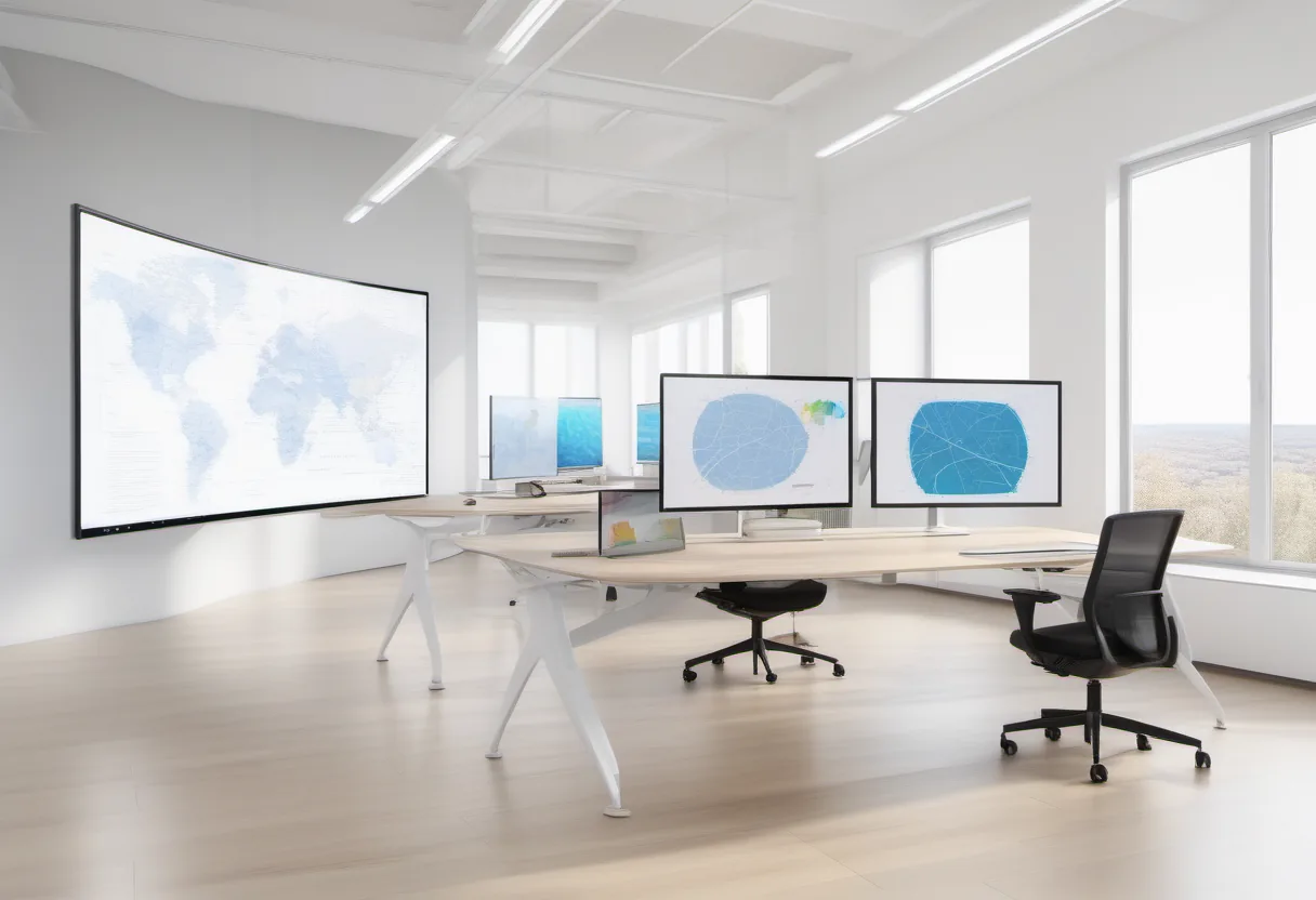 Bright office with multiple monitors displaying maps