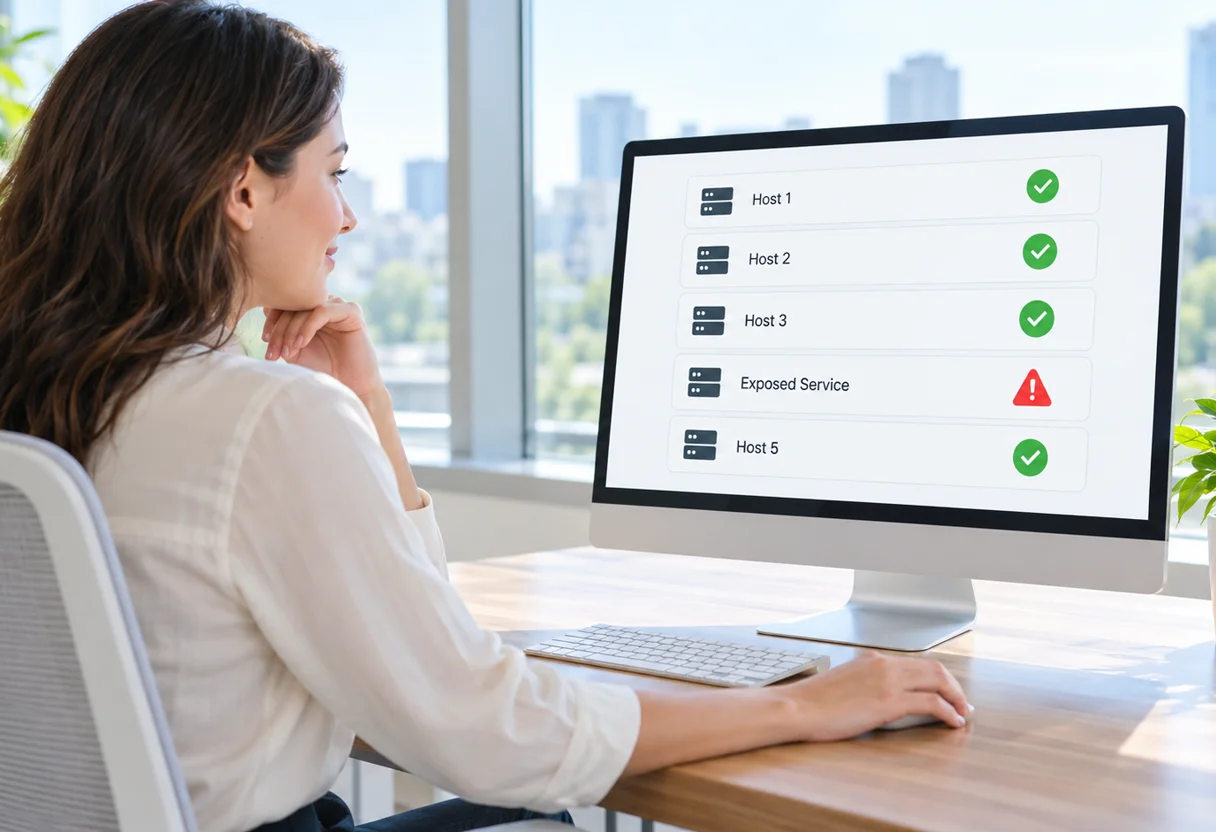 Analyst reviewing a host status list with four hosts healthy and one flagged as an exposed service