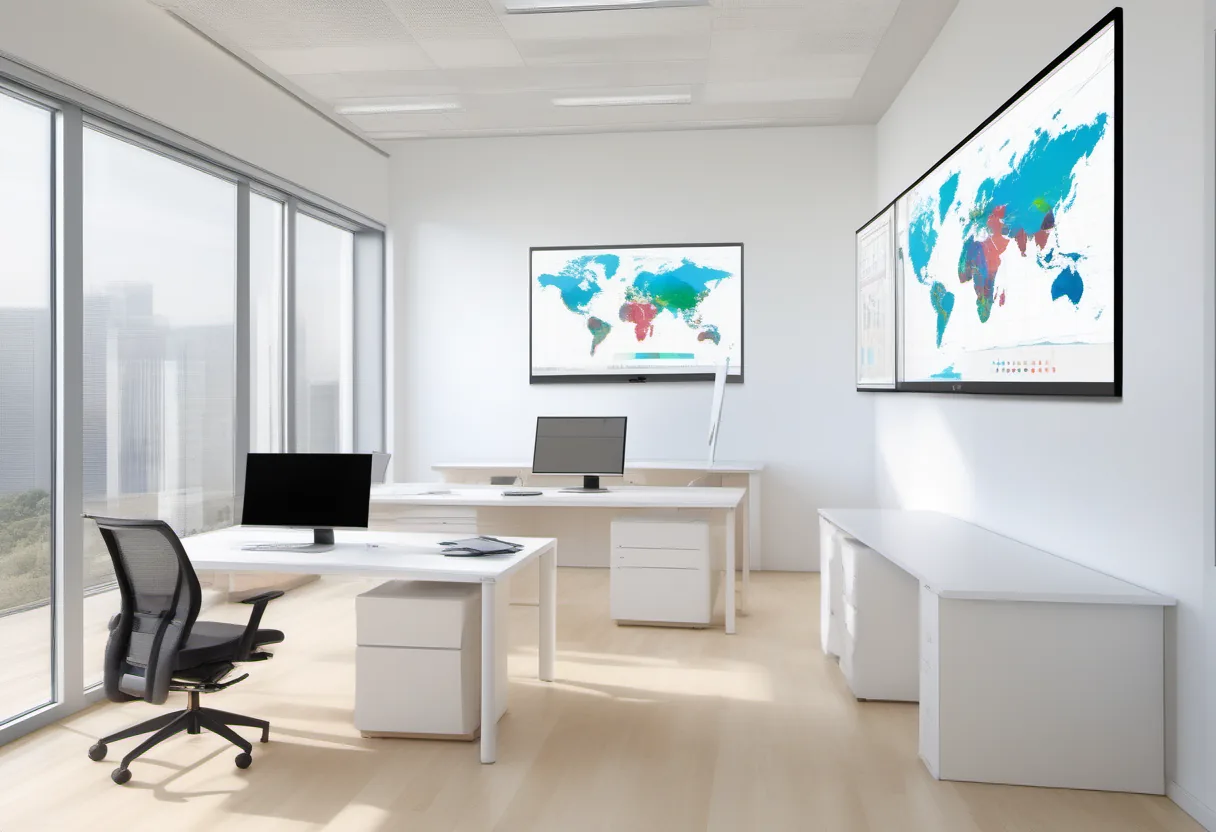 Bright office with desks, monitors, world maps on walls