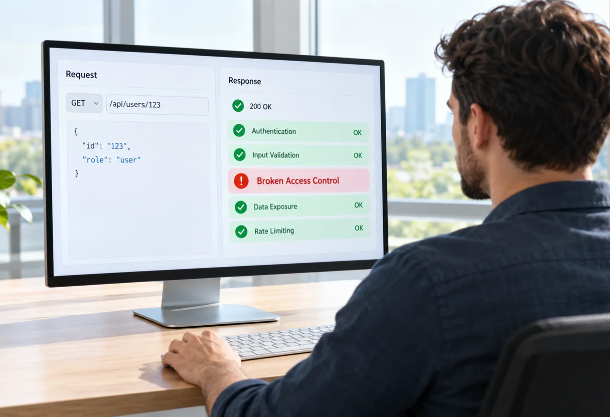 Analyst reviewing an API request and response panel with a broken access control finding flagged in red