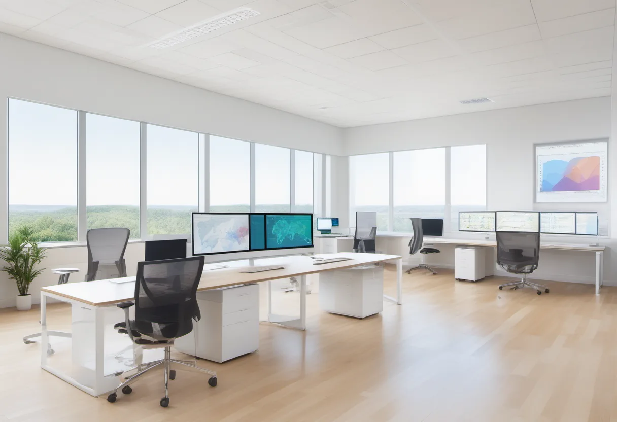 Bright office with multiple computer monitors and large windows