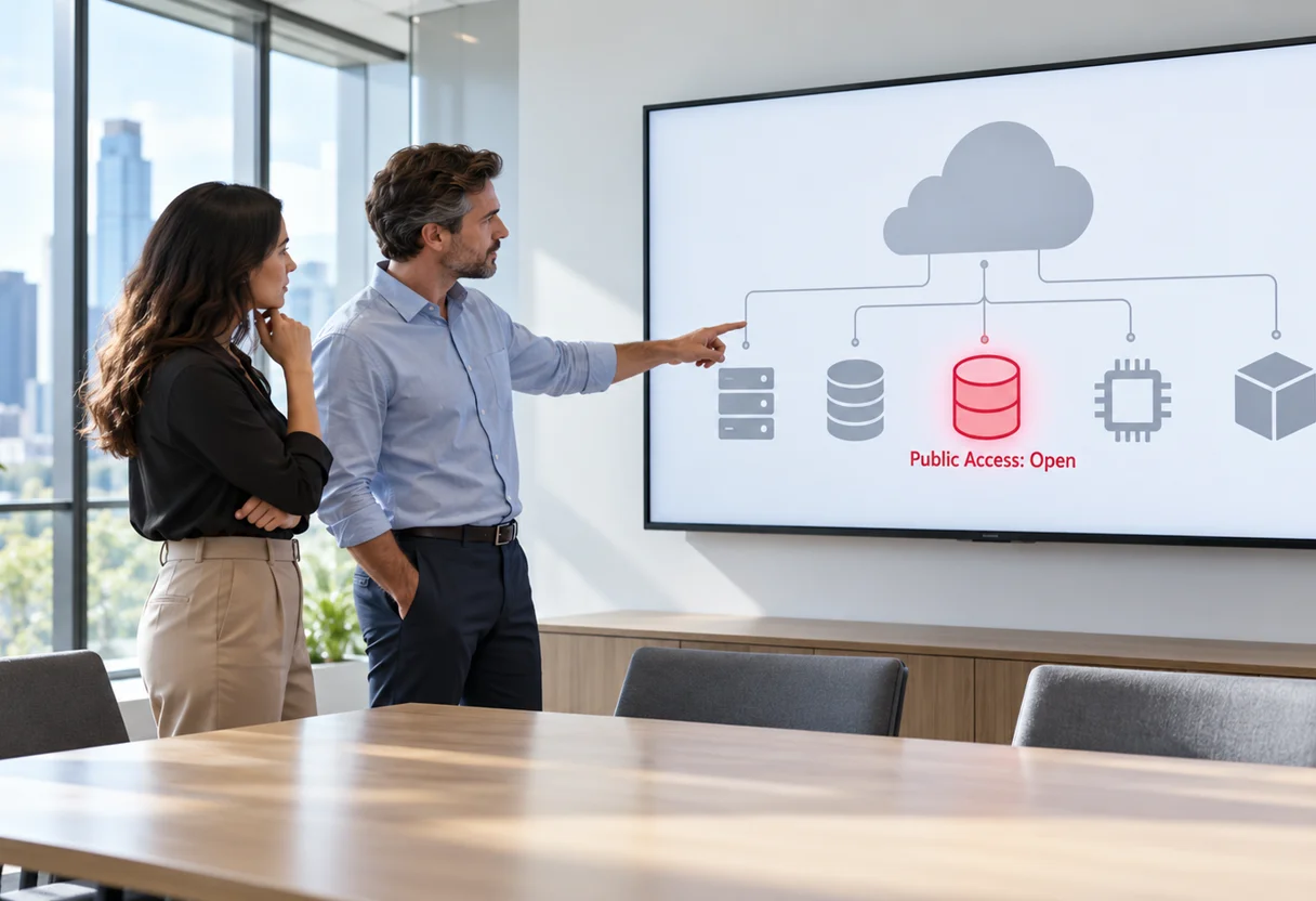 Two colleagues reviewing a cloud architecture diagram with a storage resource flagged for open public access