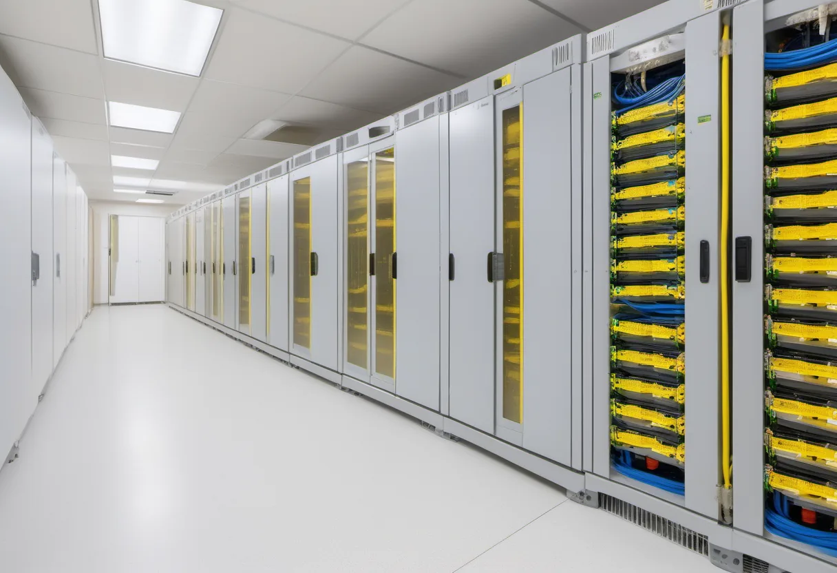 Rows of server racks with yellow cables in a clean room