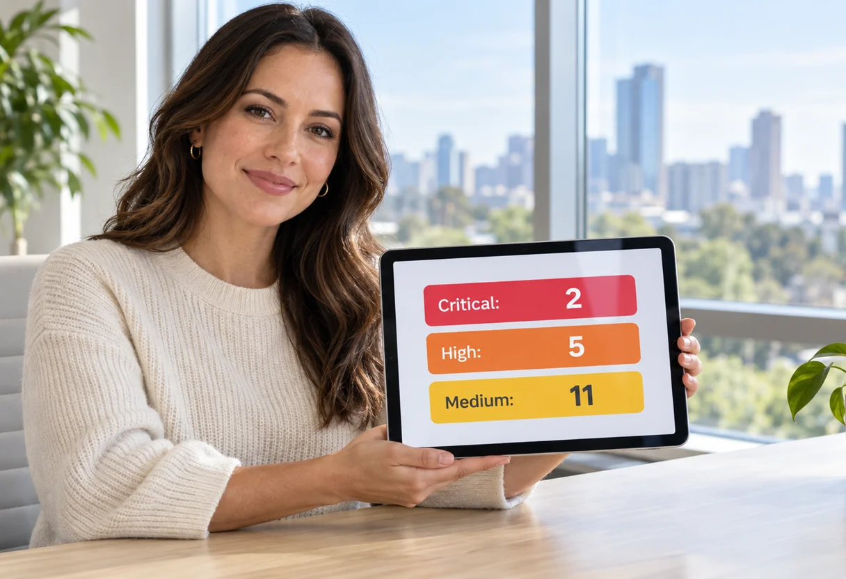 Analyst holding a tablet showing a ranked findings summary with critical, high, and medium counts