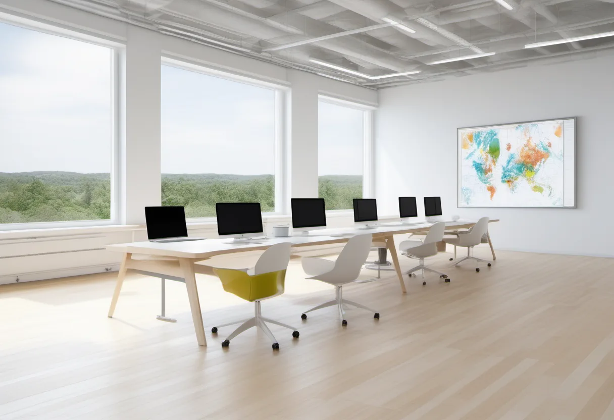 A bright office with multiple computer monitors on desks